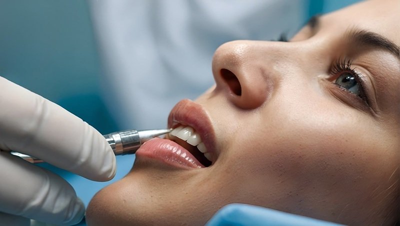 A woman having dental care treatment