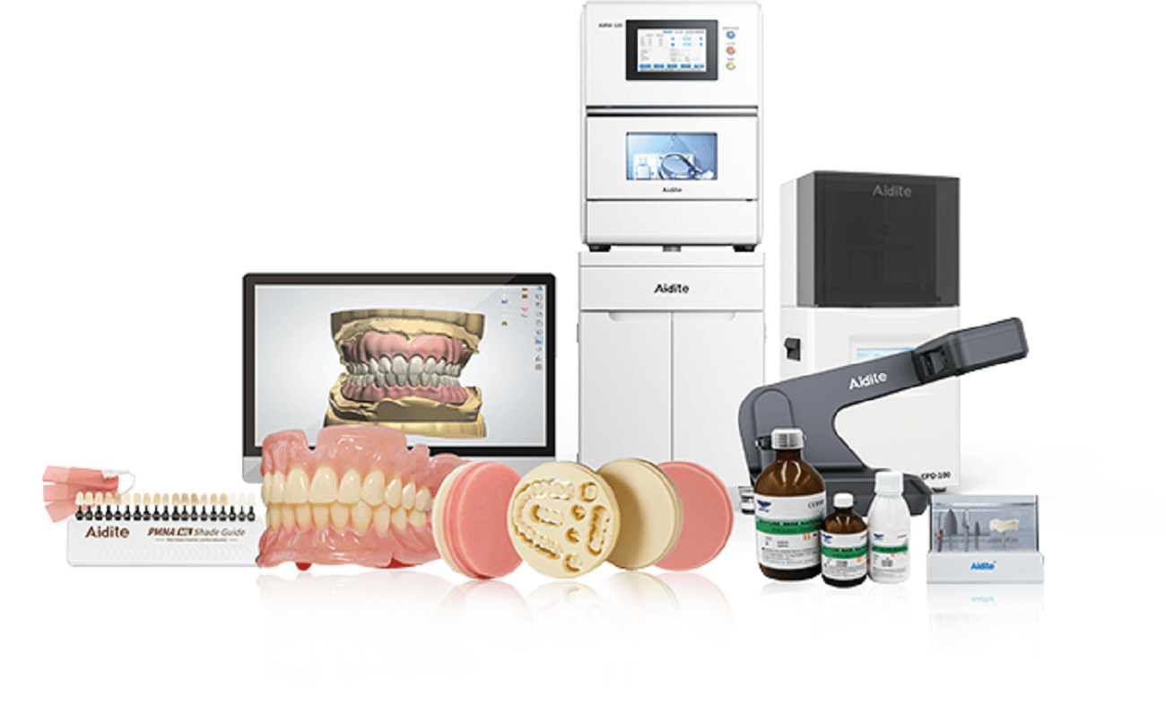 Different Aidite dental equipment, milling machines, and dental restorations.